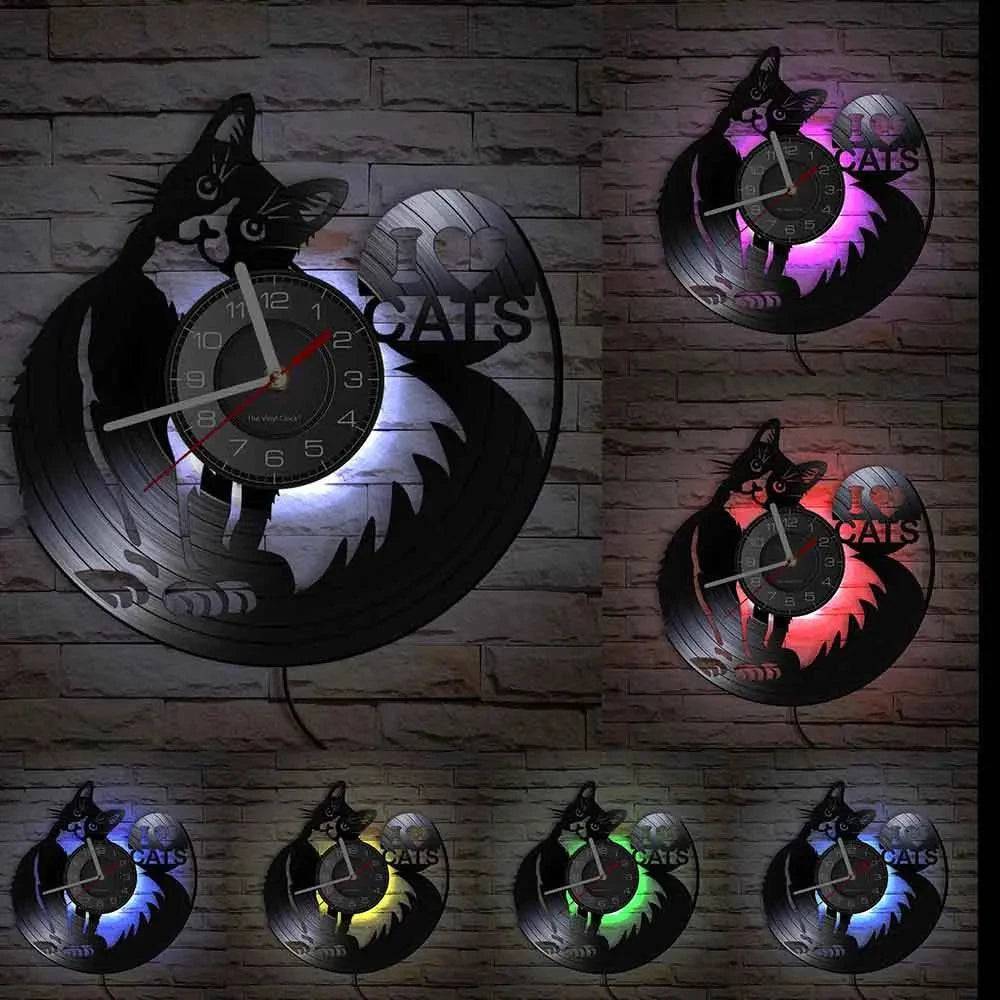 I Love Cats Wall Art (LED) Silhouette Kitten Cat Home Decor Wall Clock Black Kitty Vinyl Record Clock Cat Pet Lover - Trendypet's Zone