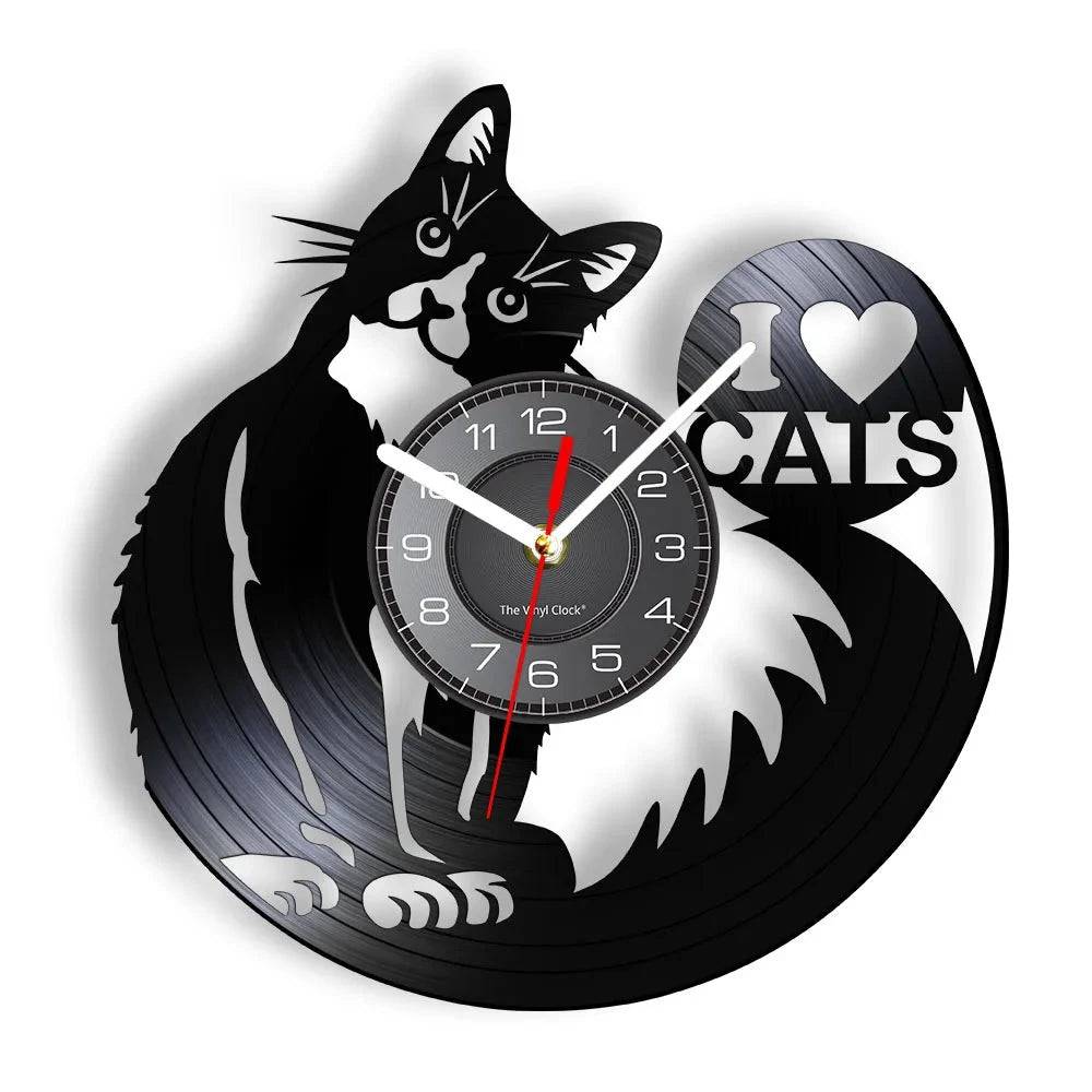 I Love Cats Wall Art (LED) Silhouette Kitten Cat Home Decor Wall Clock Black Kitty Vinyl Record Clock Cat Pet Lover - Trendypet's Zone