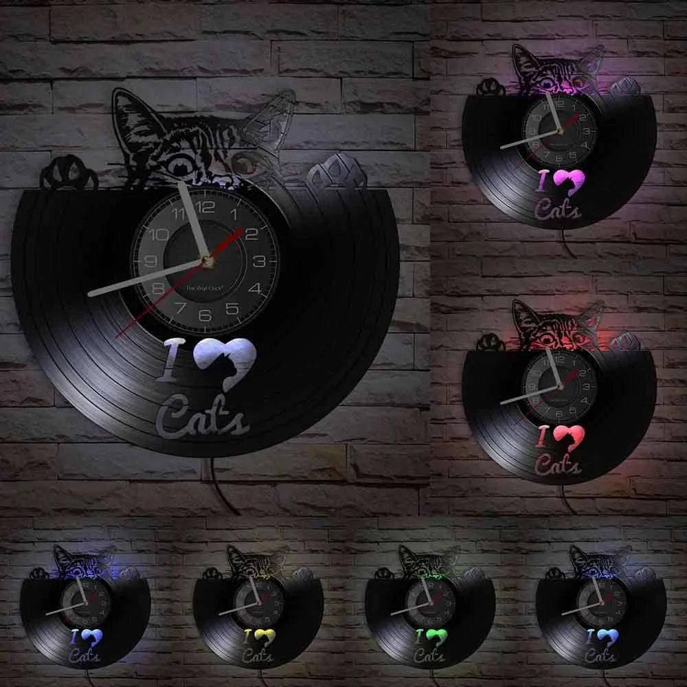 I Love Cats Wall Art (LED) Silhouette Kitten Cat Home Decor Wall Clock Black Kitty Vinyl Record Clock Cat Pet Lover - Trendypet's Zone