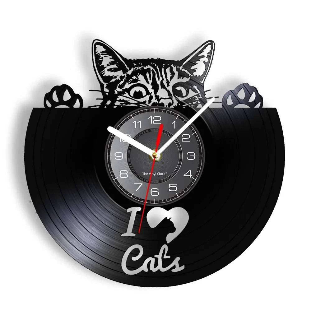 I Love Cats Wall Art (LED) Silhouette Kitten Cat Home Decor Wall Clock Black Kitty Vinyl Record Clock Cat Pet Lover - Trendypet's Zone