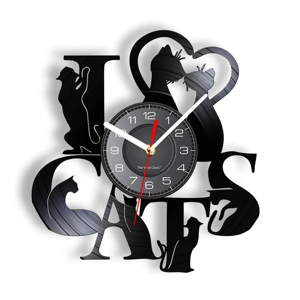 I Love Cats Wall Art (WITHOUT LED) Silhouette Kitten Cat Home Decor Wall Clock Black Kitty Vinyl Record Clock Cat Pet Lover - Trendypet's Zone