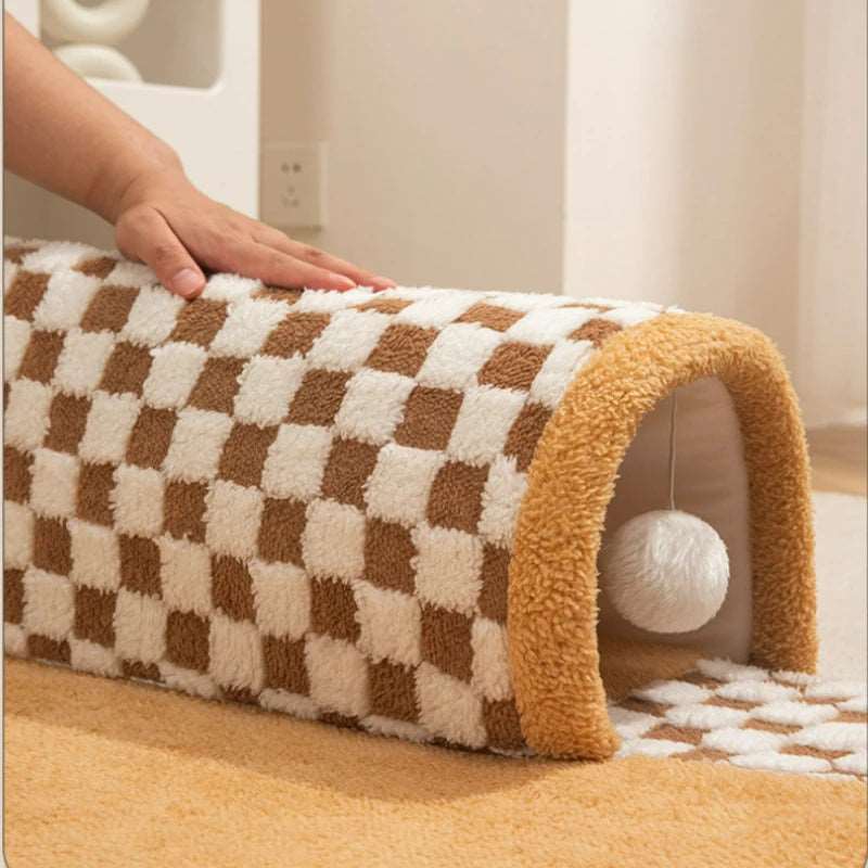 Khaki 2-in-1 Plush Plaid Semicircular Tunnel Cat Bed Checkered, Foldable, Detachable Stylish & Washable Soft Cave Tunnel Nest with Toy Balls Winter Warm Kitten Pet Shelter House for Small, Medium and Large Cats TRENDYPET'S ZONE