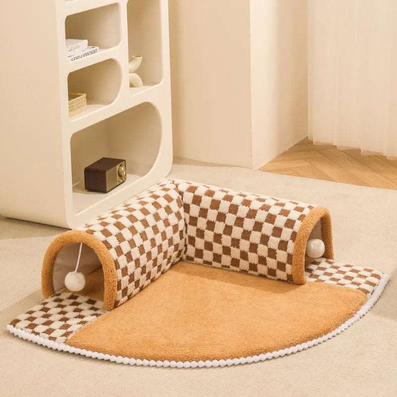 Khaki 2-in-1 Plush Plaid Semicircular Tunnel Cat Bed Checkered, Foldable, Detachable Stylish & Washable Soft Cave Tunnel Nest with Toy Balls Winter Warm Kitten Pet Shelter House for Small, Medium and Large Cats TRENDYPET'S ZONE