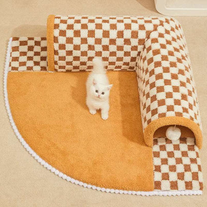 Khaki 2-in-1 Plush Plaid Semicircular Tunnel Cat Bed Checkered, Foldable, Detachable Stylish & Washable Soft Cave Tunnel Nest with Toy Balls Winter Warm Kitten Pet Shelter House for Small, Medium and Large Cats TRENDYPET'S ZONE