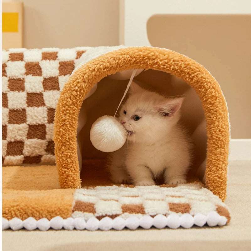 Khaki 2-in-1 Plush Plaid Semicircular Tunnel Cat Bed Checkered, Foldable, Detachable Stylish & Washable Soft Cave Tunnel Nest with Toy Balls Winter Warm Kitten Pet Shelter House for Small, Medium and Large Cats TRENDYPET'S ZONE