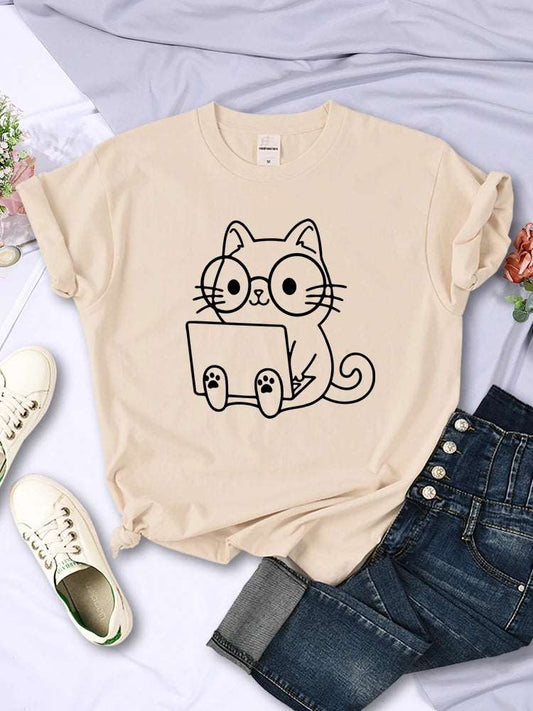 Khaki Careful Study Of Work Cat Sketches Women T-Shirt Personality Trend Casual Tee Clothing Street Creative Tops Female Short Sleeve TRENDYPET'S ZONE