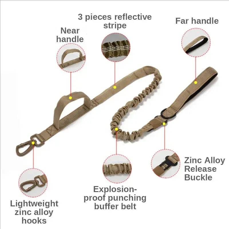 Khaki Tactical Dog Leash Elastic Dog Strap NO PULL Nylon Reflective Lead Traction Rope Training Walking Hunting Durable Dog Leash Line TRENDYPET'S ZONE