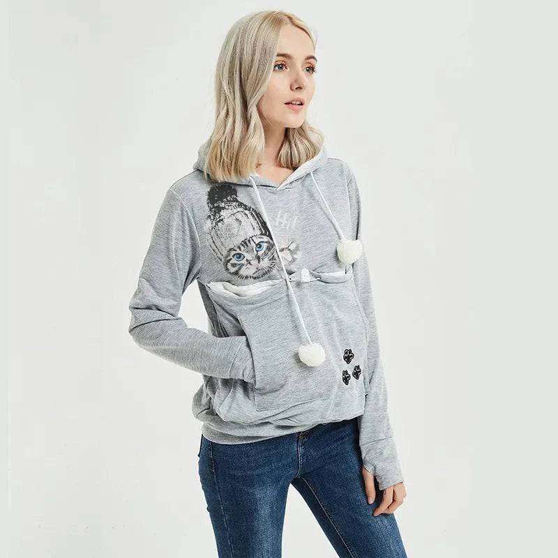 Light Gray High Quality Sweatshirt Cat Dog Lovers Hoodies Kangaroo Pet Paw Ears Cuddle Pouch Pullovers TRENDYPET'S ZONE