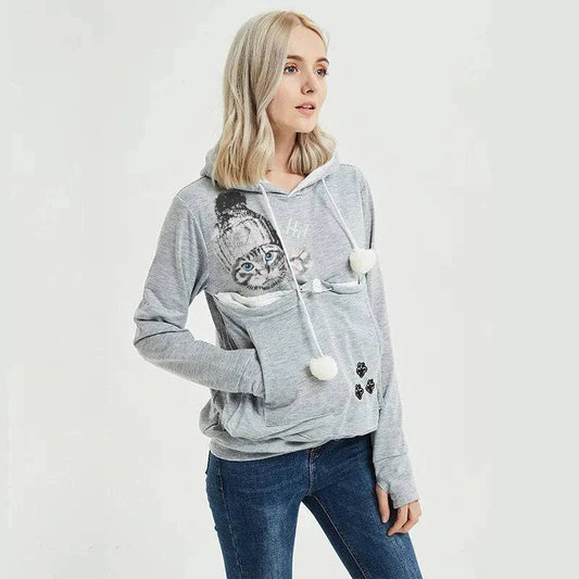 Light Gray High Quality Sweatshirt Cat Dog Lovers Hoodies Kangaroo Pet Paw Ears Cuddle Pouch Pullovers - Trendypet's Zone