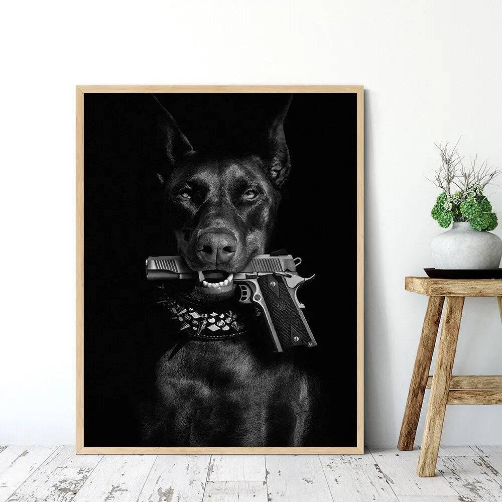 Modern Black Doberman Dog Canvas Gun Luxury Fashion Poster Prints Canvas Painting Nordic Wall Art Picture Room Decor TRENDYPET'S ZONE