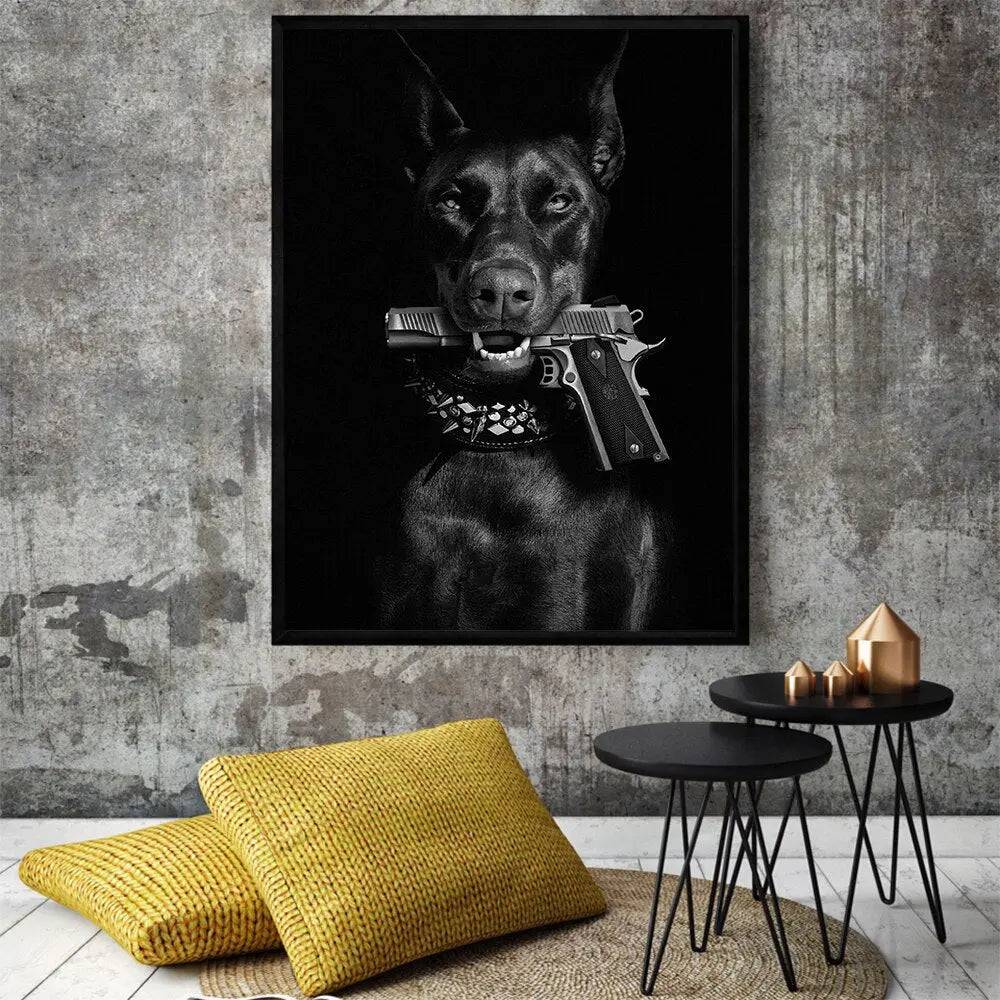 Modern Black Doberman Dog Canvas Gun Luxury Fashion Poster Prints Canvas Painting Nordic Wall Art Picture Room Decor TRENDYPET'S ZONE