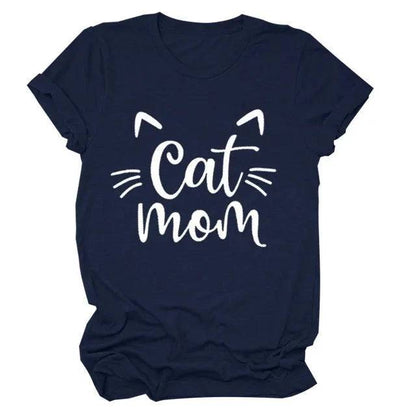 Navy Blue "Cat Mom" Vivid Letter Print Women T-Shirt Short Sleeve O-Neck Loose Ladies Tee Tops Clothes TRENDYPET'S ZONE