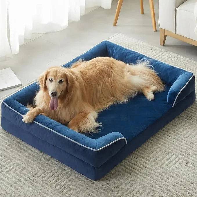 Navy Blue Extra Large Bolster Dog Bed with Waterproof Lining & Non-Skid Bottom, Washable, Orthopedic Egg Foam Couch, XL 42"x 30"x 7" - Trendypet's Zone