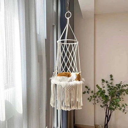 Pet Cat Hanging Bed Woven Hammock Cotton Rope Swing Tassel White Sleeping Nest Pet Kitten Thread Toy Basket TRENDYPET'S ZONE