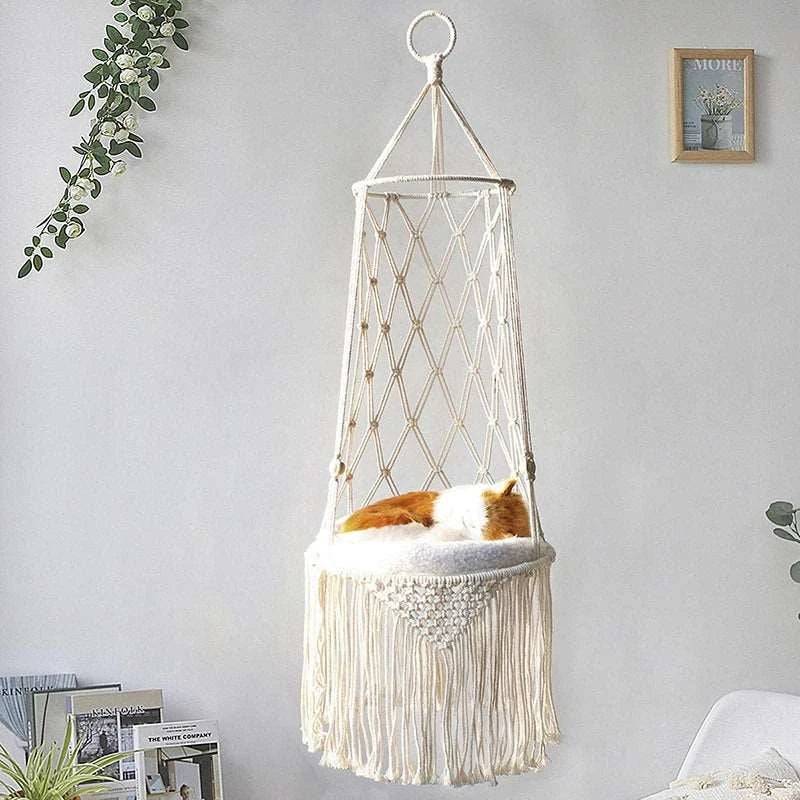 Pet Cat Hanging Bed Woven Hammock Cotton Rope Swing Tassel White Sleeping Nest Pet Kitten Thread Toy Basket TRENDYPET'S ZONE