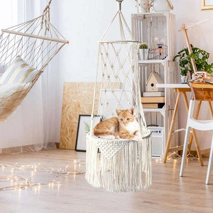 Pet Cat Hanging Bed Woven Hammock Cotton Rope Swing Tassel White Sleeping Nest Pet Kitten Thread Toy Basket TRENDYPET'S ZONE