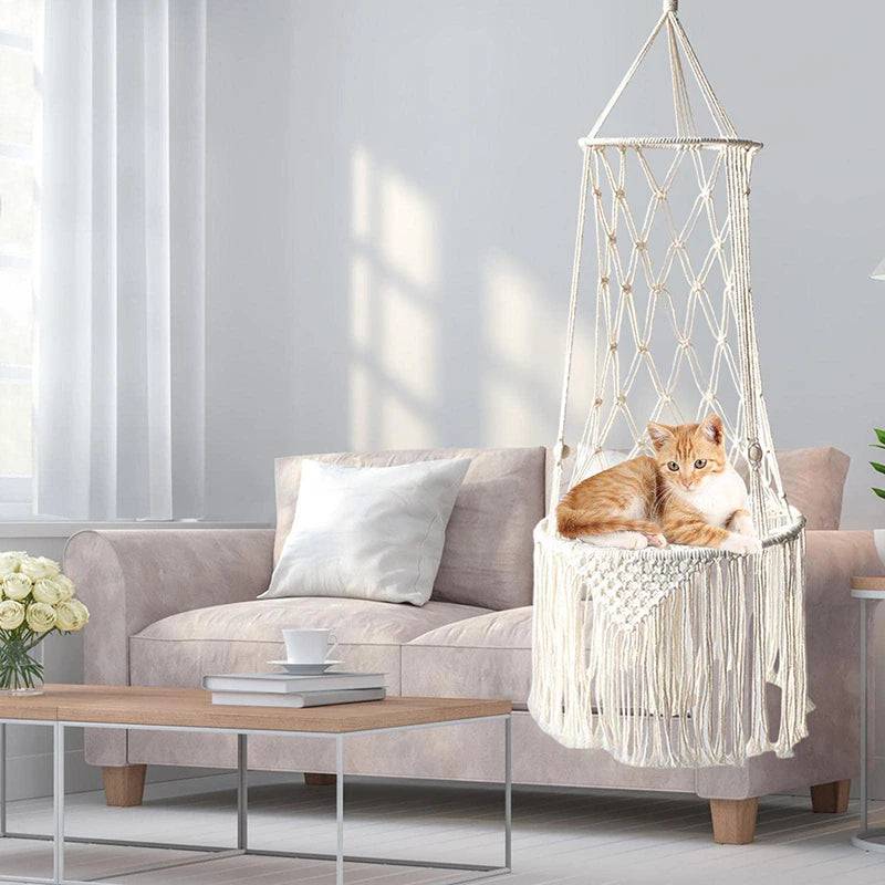 Pet Cat Hanging Bed Woven Hammock Cotton Rope Swing Tassel White Sleeping Nest Pet Kitten Thread Toy Basket TRENDYPET'S ZONE