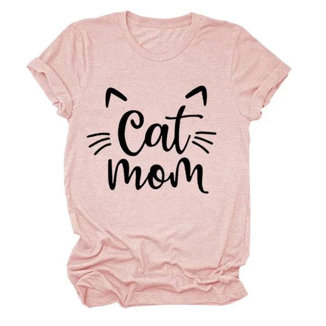 Pink "Cat Mom" Vivid Letter Print Women T-Shirt Short Sleeve O-Neck Loose Ladies Tee Tops Clothes TRENDYPET'S ZONE