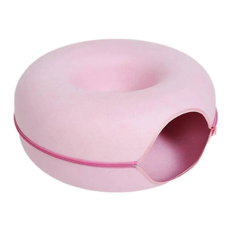 Pink Donut Cat Bed for 2 Pets Tunnel Kitten House Basket Interactive Natural Felt Cave Nest - Trendypet's Zone