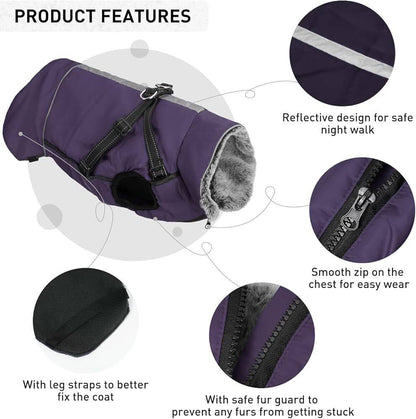 Purple Cozy Dog Jacket with Harness Weatherproof Pet Coat TRENDYPET'S ZONE