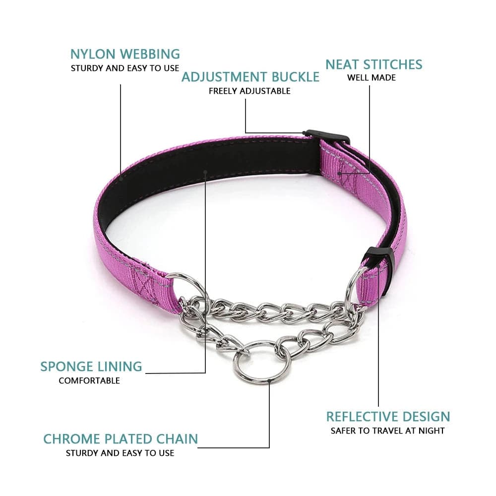 Purple Stainless Steel Chain Reflective Nylon Fabric Pet Collars for Small Medium Large Dogs TRENDYPET'S ZONE