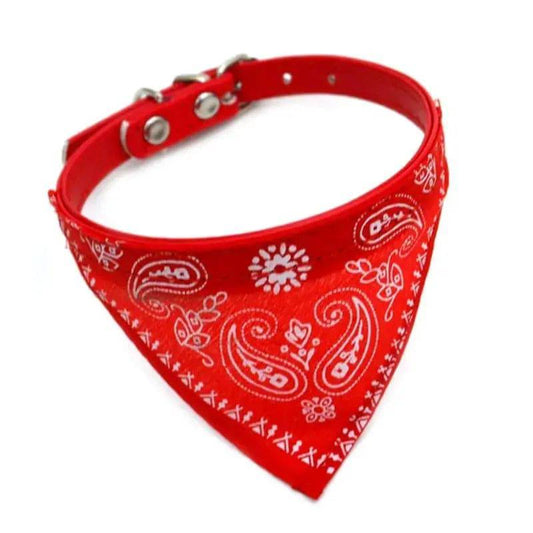 Red Adjustable cat and dog bandana collar PU pet neck scarf with printed triangle scarf - Trendypet's Zone