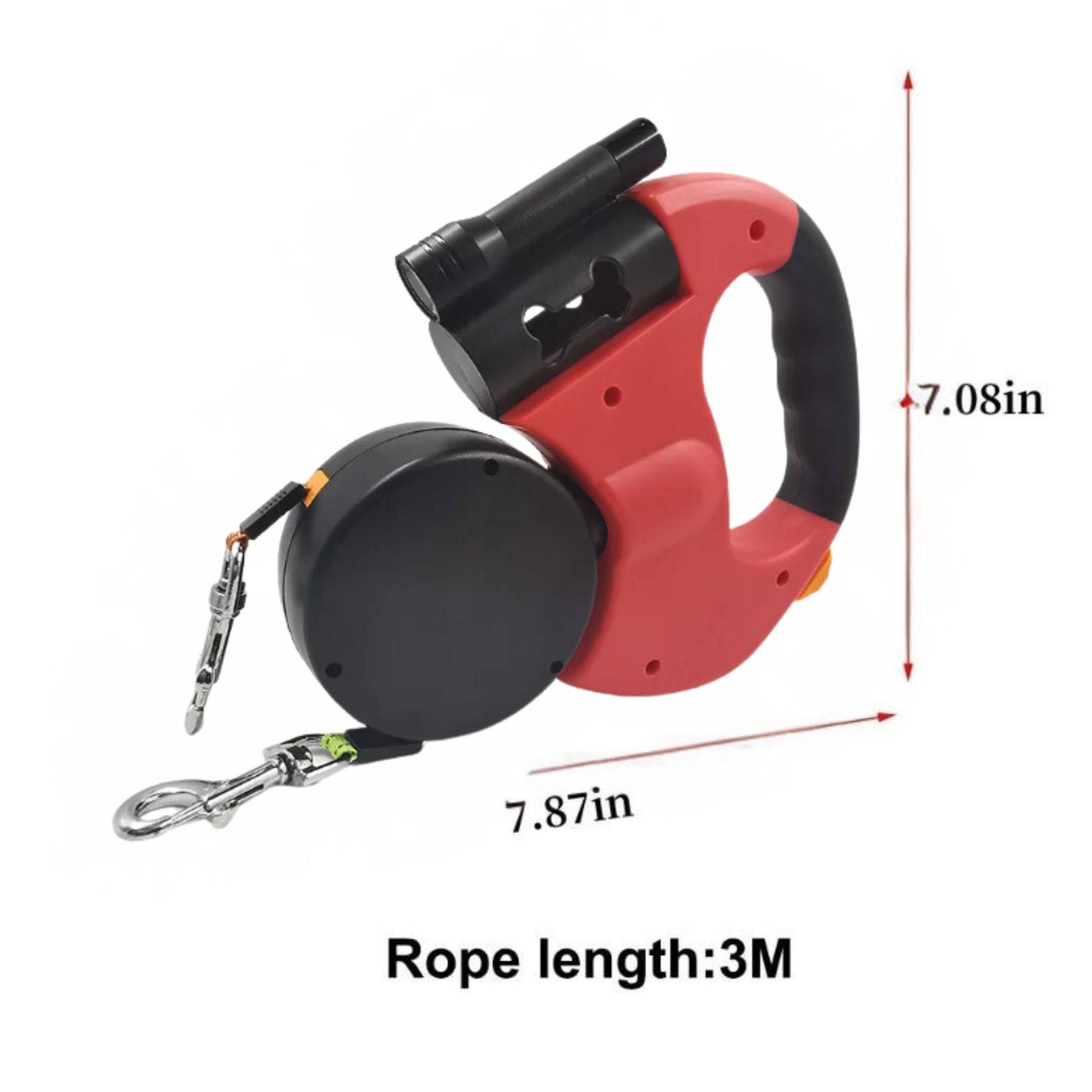 Red Auto Retractable Double-Ended Traction Rope Dual Dog Leash 360-Degree Rotating With Flashlight & Garbage Bag Storage TRENDYPET'S ZONE