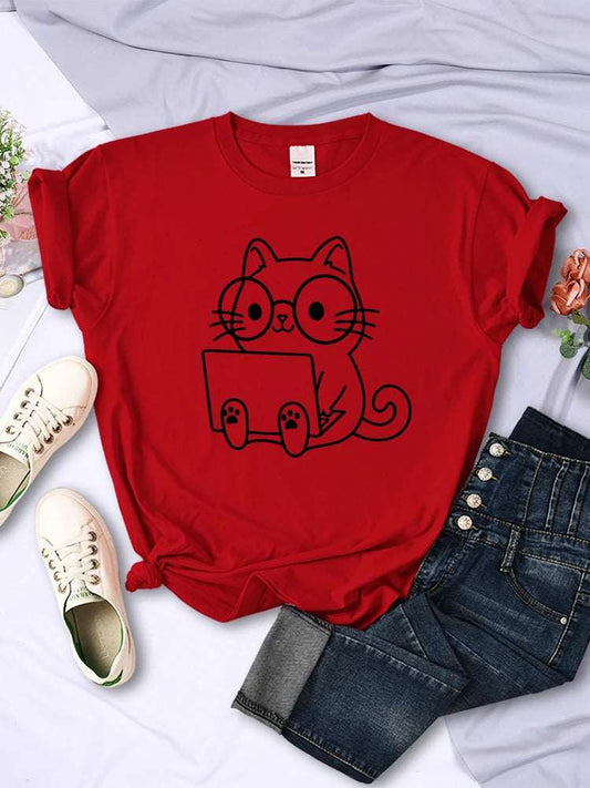 Red Careful Study Of Work Cat Sketches Women T-Shirt Personality Trend Casual Tee Clothing Street Creative Tops Female Short Sleeve TRENDYPET'S ZONE