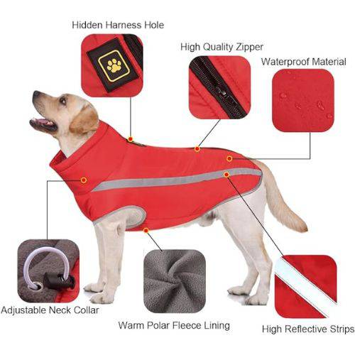 Red Waterproof Dog Clothes for Winter Warm Big Jackets Padded Fleece Pet Coat Safety Reflective Design - Trendypet's Zone