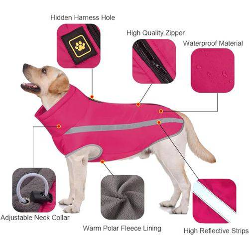 Rose Red Waterproof Dog Clothes for Winter Warm Big Jackets Padded Fleece Pet Coat Safety Reflective Design TRENDYPET'S ZONE