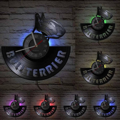 Vinyl Record Silent Wall Clock (LED) Bullterrier Spiral Timepiece Puppy Doggie Pet Wall Gift - Trendypet's Zone