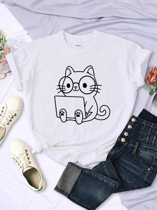 White Careful Study Of Work Cat Sketches Women T-Shirt Personality Trend Casual Tee Clothing Street Creative Tops Female Short Sleeve TRENDYPET'S ZONE