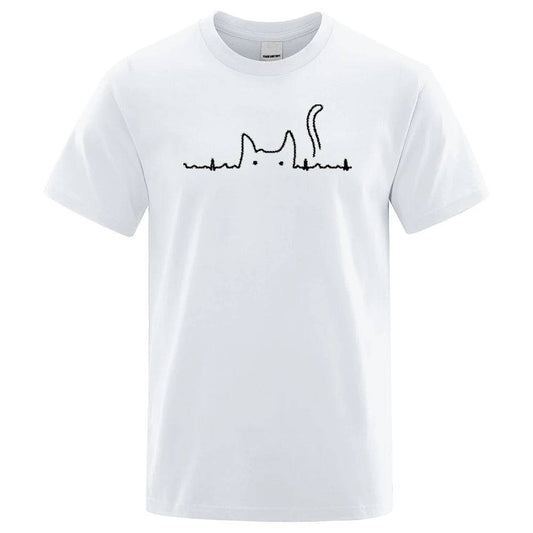 White Casual Men's T-Shirts Cat Cute Printed Summer Cotton O-Neck Short Sleeve Top Tee T-shirts TRENDYPET'S ZONE