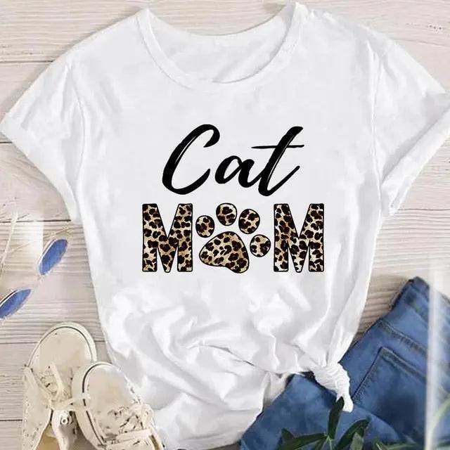 White Cat Mom Women Lady Oversized T-shirt Tees Female Fashion Summer Short Sleeve Cartoon Print Graphic Clothes Tops Cute Cat Animal TRENDYPET'S ZONE