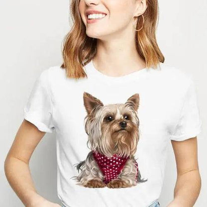 White Dotted Cute Christmas puppy Yorkies print shirt women clothes white basic t-shirt top - Trendypet's Zone