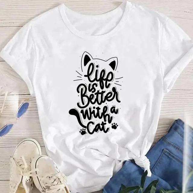 White Life Is Better With A Cat Women Lady Oversized T-shirt Tees Female Fashion Summer Short Sleeve Cartoon Print Graphic Clothes Tops Cute Cat Animal TRENDYPET'S ZONE