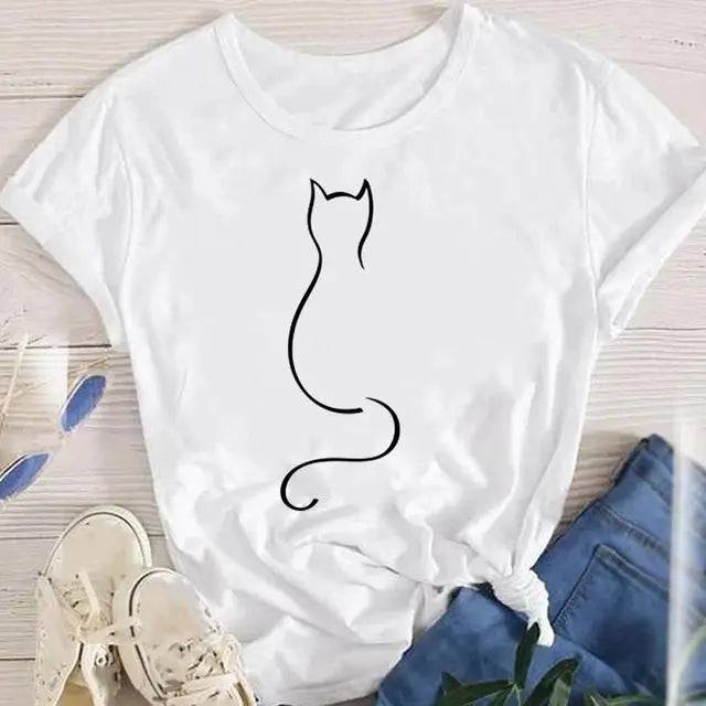 White Women Lady Oversized T-shirt Tees Female Fashion Summer Short Sleeve Cartoon Print Graphic Clothes Tops Cute Cat Animal TRENDYPET'S ZONE