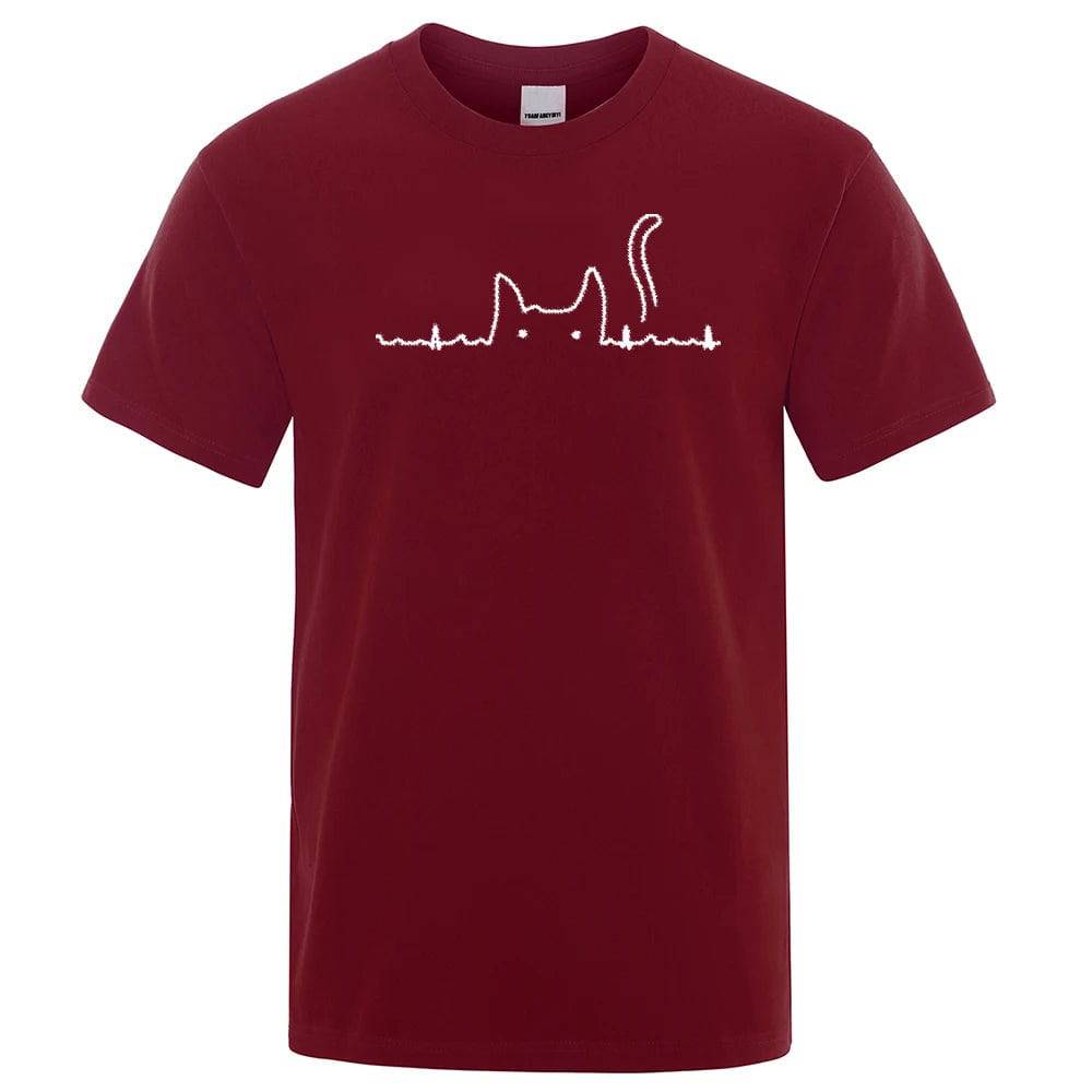 Wine Red Casual Men's T-Shirts Cat Cute Printed Summer Cotton O-Neck Short Sleeve Top Tee T-shirts TRENDYPET'S ZONE