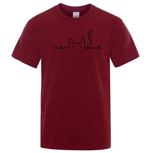 Wine Red Casual Men's T-Shirts Cat Cute Printed Summer Cotton O-Neck Short Sleeve Top Tee T-shirts TRENDYPET'S ZONE