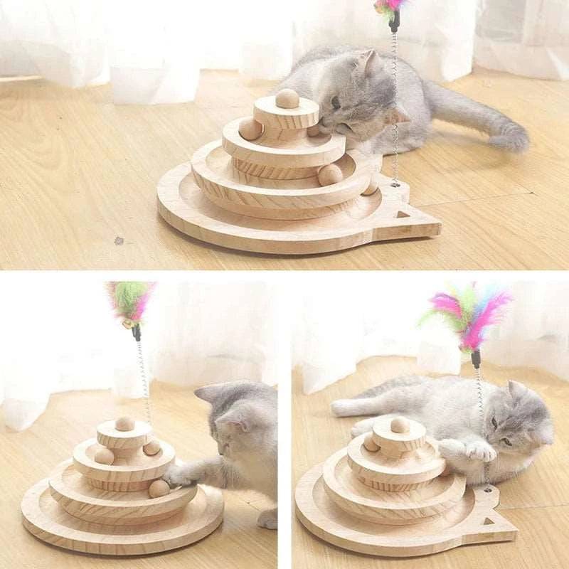 Wooden 3 Levels Pet Cat Tower Tracks Disc Intelligence Amusement Triple Play Disc Kitten Toys Ball Training Teasing Stick TRENDYPET'S ZONE