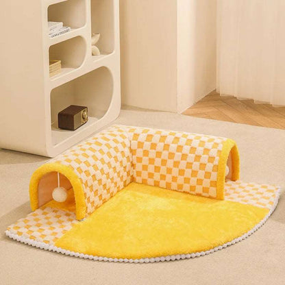 Yellow 2-in-1 Plush Plaid Semicircular Tunnel Cat Bed Checkered, Foldable, Detachable Stylish & Washable Soft Cave Tunnel Nest with Toy Balls Winter Warm Kitten Pet Shelter House for Small, Medium and Large Cats TRENDYPET'S ZONE