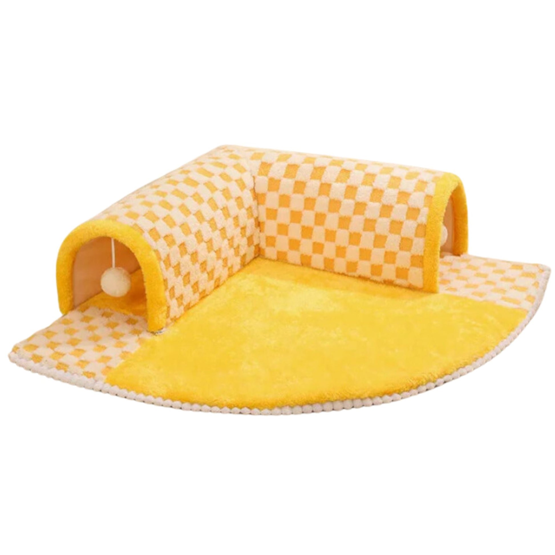 Yellow 2-in-1 Plush Plaid Semicircular Tunnel Cat Bed Checkered, Foldable, Detachable Stylish & Washable Soft Cave Tunnel Nest with Toy Balls Winter Warm Kitten Pet Shelter House for Small, Medium and Large Cats TRENDYPET'S ZONE