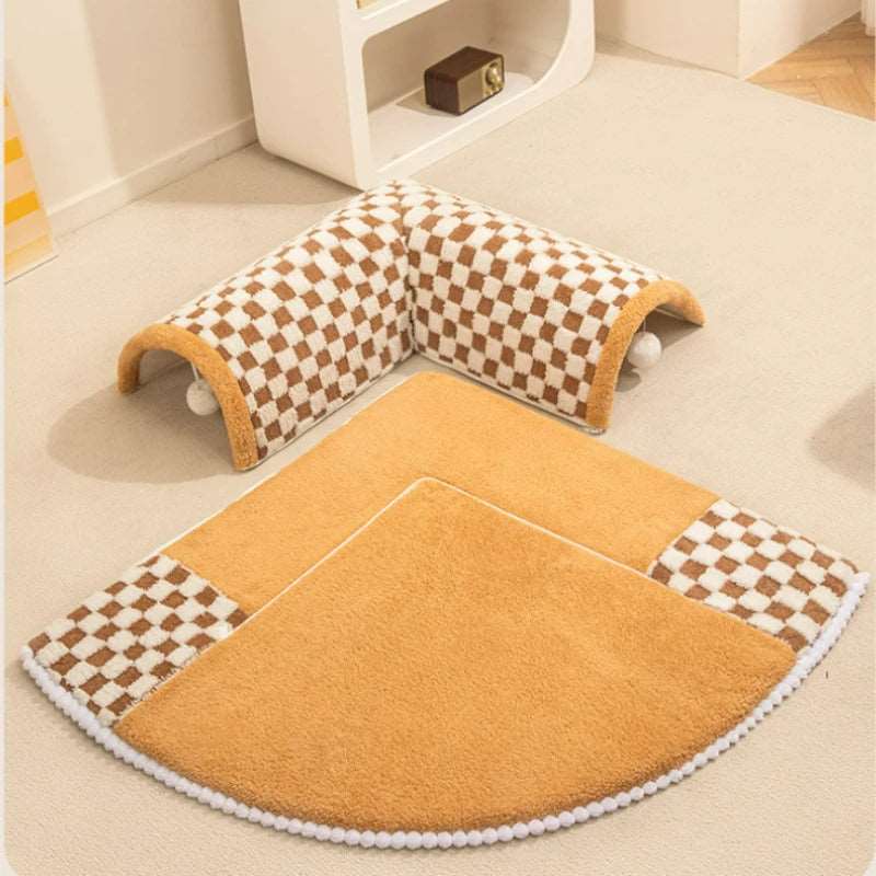 Yellow 2-in-1 Plush Plaid Semicircular Tunnel Cat Bed Checkered, Foldable, Detachable Stylish & Washable Soft Cave Tunnel Nest with Toy Balls Winter Warm Kitten Pet Shelter House for Small, Medium and Large Cats TRENDYPET'S ZONE