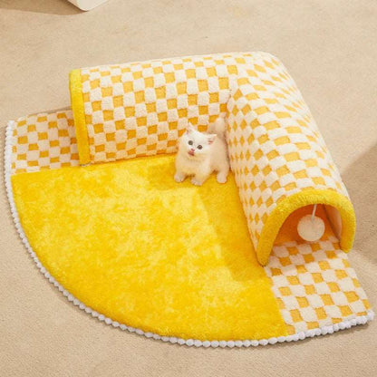 Yellow 2-in-1 Plush Plaid Semicircular Tunnel Cat Bed Checkered, Foldable, Detachable Stylish & Washable Soft Cave Tunnel Nest with Toy Balls Winter Warm Kitten Pet Shelter House for Small, Medium and Large Cats TRENDYPET'S ZONE