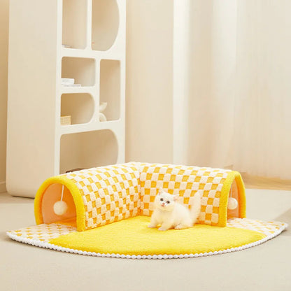 Yellow 2-in-1 Plush Plaid Semicircular Tunnel Cat Bed Checkered, Foldable, Detachable Stylish & Washable Soft Cave Tunnel Nest with Toy Balls Winter Warm Kitten Pet Shelter House for Small, Medium and Large Cats TRENDYPET'S ZONE