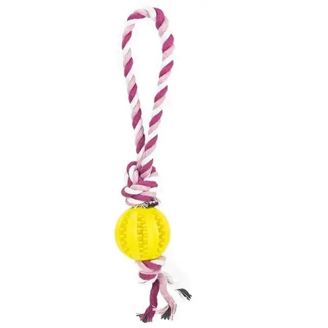 Yellow Ball Fuchsia Hemp Rope Toys Treat Interactive Rubber Leaking Balls for Small Dogs Chewing Bite Resistant Pet Tooth Cleaning - Trendypet's Zone