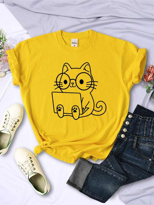 Yellow Careful Study Of Work Cat Sketches Women T-Shirt Personality Trend Casual Tee Clothing Street Creative Tops Female Short Sleeve TRENDYPET'S ZONE