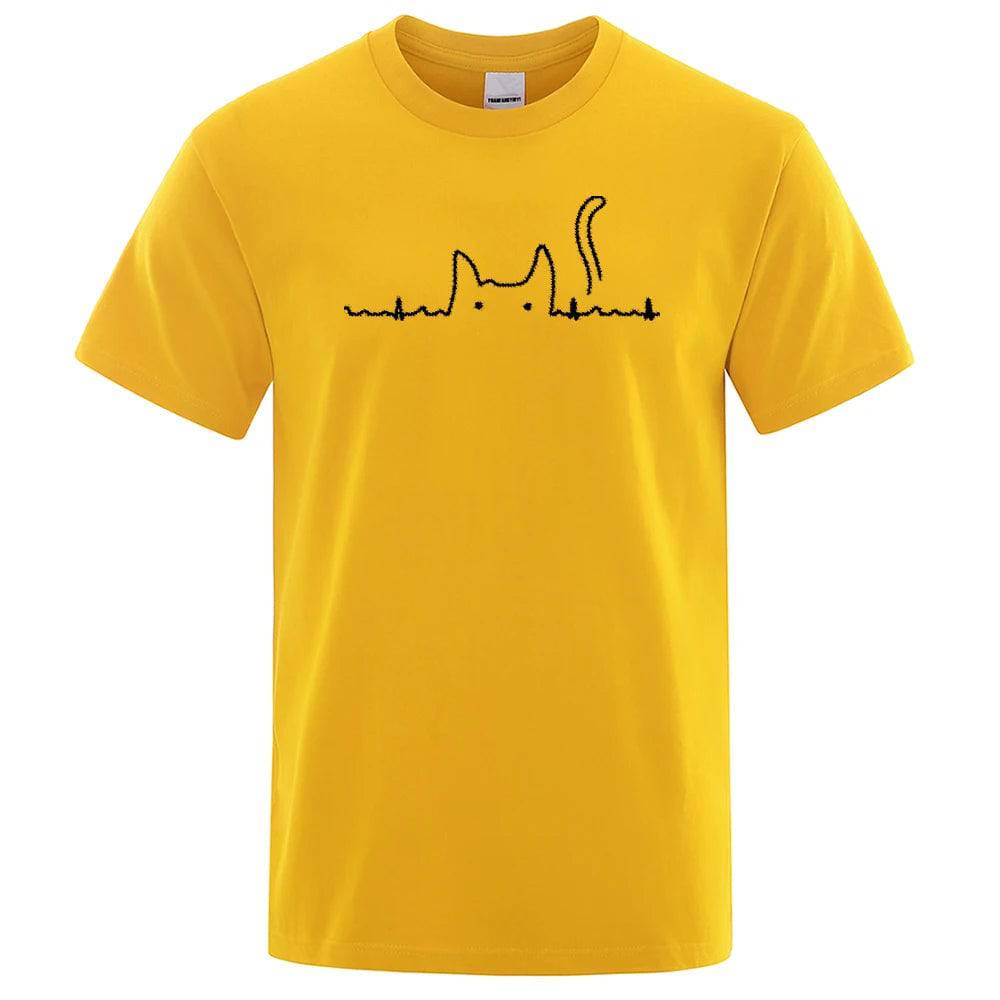 Yellow Casual Men's T-Shirts Cat Cute Printed Summer Cotton O-Neck Short Sleeve Top Tee T-shirts TRENDYPET'S ZONE