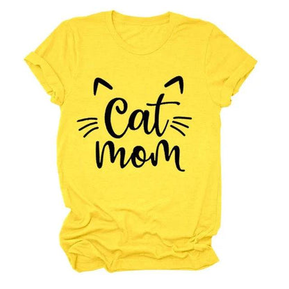 Yellow "Cat Mom" Vivid Letter Print Women T-Shirt Short Sleeve O-Neck Loose Ladies Tee Tops Clothes TRENDYPET'S ZONE