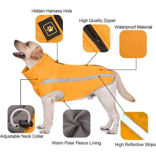 Yellow Waterproof Dog Clothes for Winter Warm Big Jackets Padded Fleece Pet Coat Safety Reflective Design TRENDYPET'S ZONE